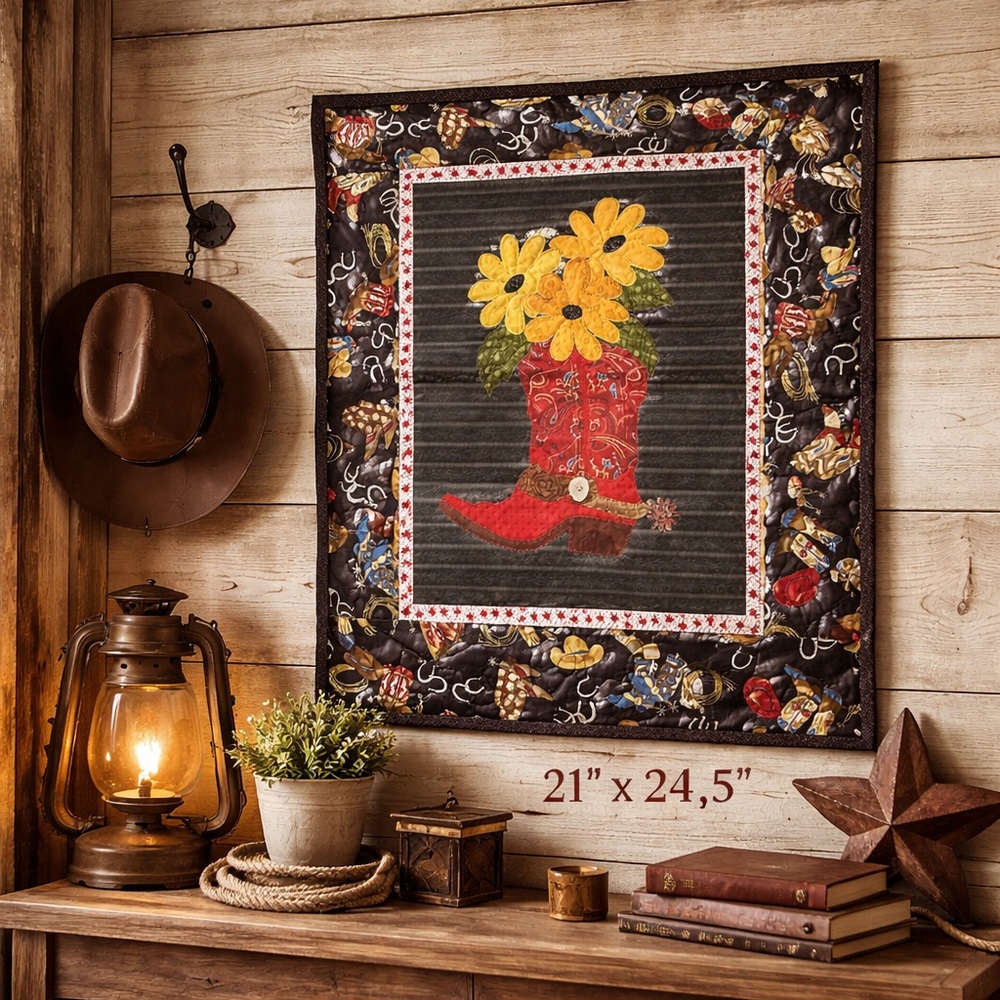 Western Cowboy Wall Hanging Quilt 21” x 24.5” – Appliqué Boot & Sunflowers